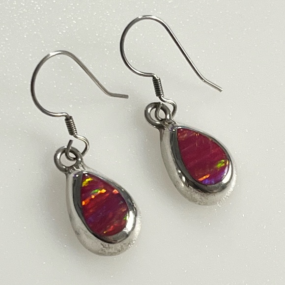 Vintage 950 Fine Sterling Silver Red Simulated Opal Teardrop Fishhook Earrings - Picture 5 of 14